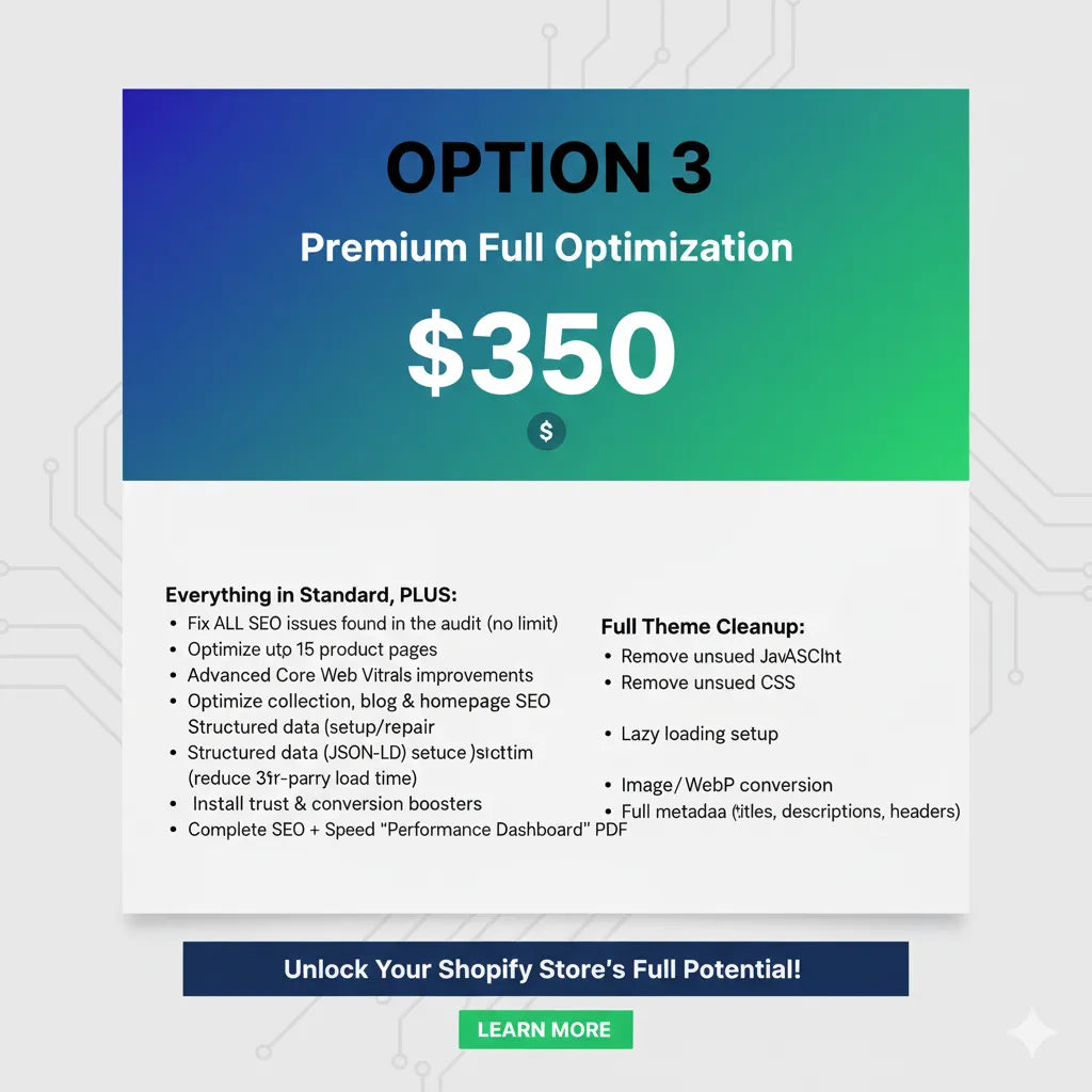 Speed Optimization — full Shopify SEO rebuild service for better visibility, faster load times, and stronger organic growth.