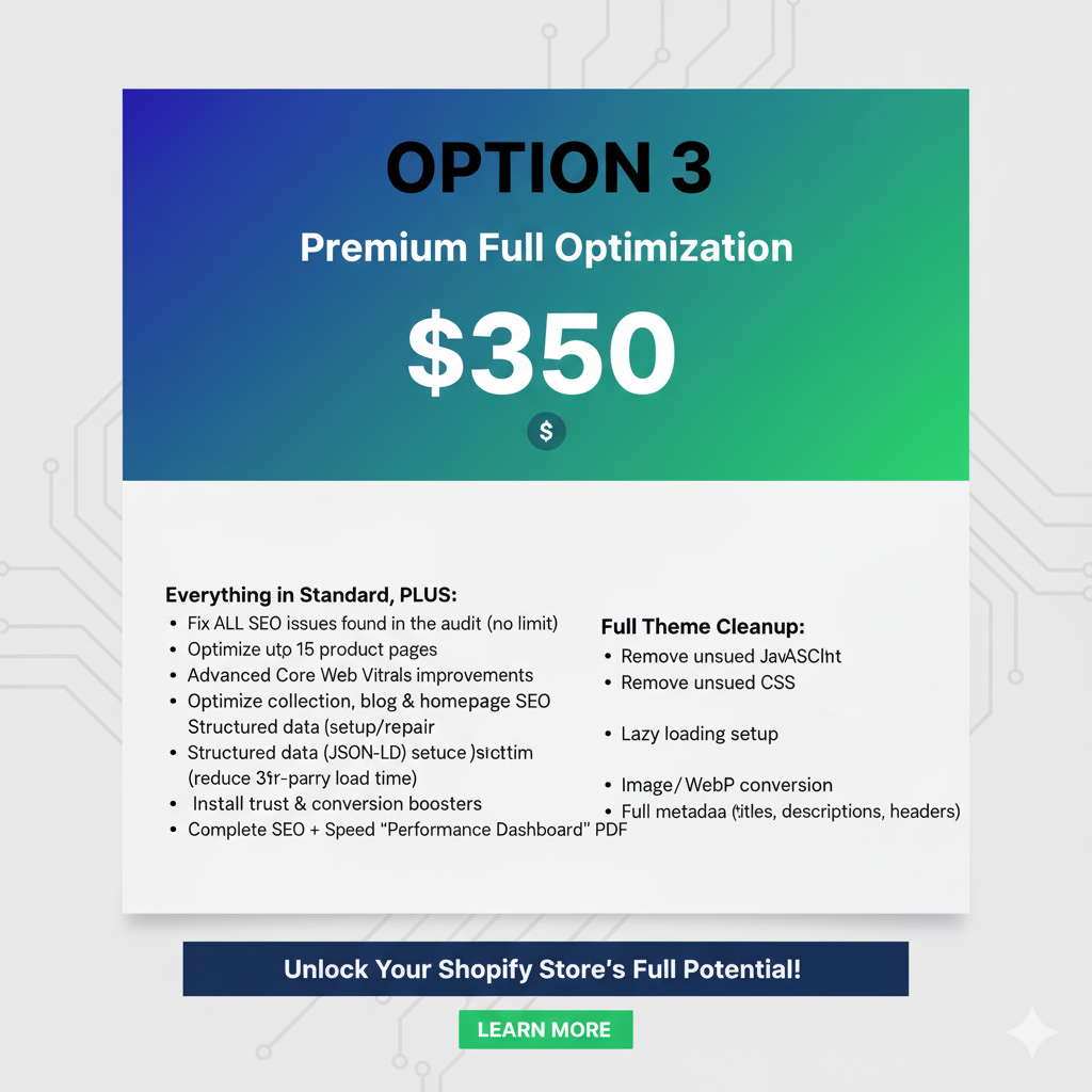 Speed Optimization — full Shopify SEO rebuild service for better visibility, faster load times, and stronger organic growth.