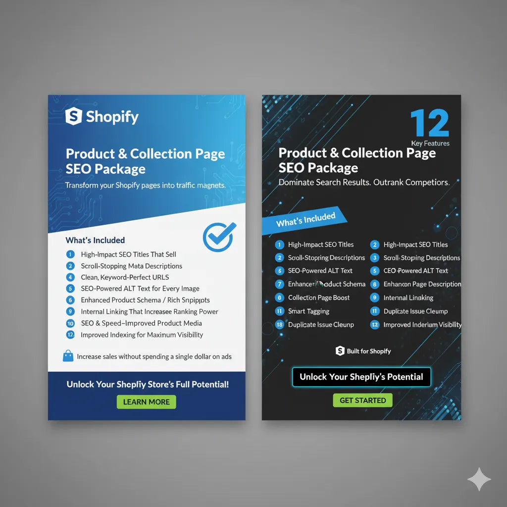 Product & Collection Page SEO — full Shopify SEO rebuild service for better visibility, faster load times, and stronger organic growth.