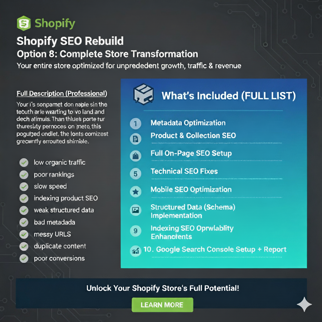 Full Store Shopify SEO Setup & Optimization — full Shopify SEO rebuild service for better visibility, faster load times, and stronger organic growth.