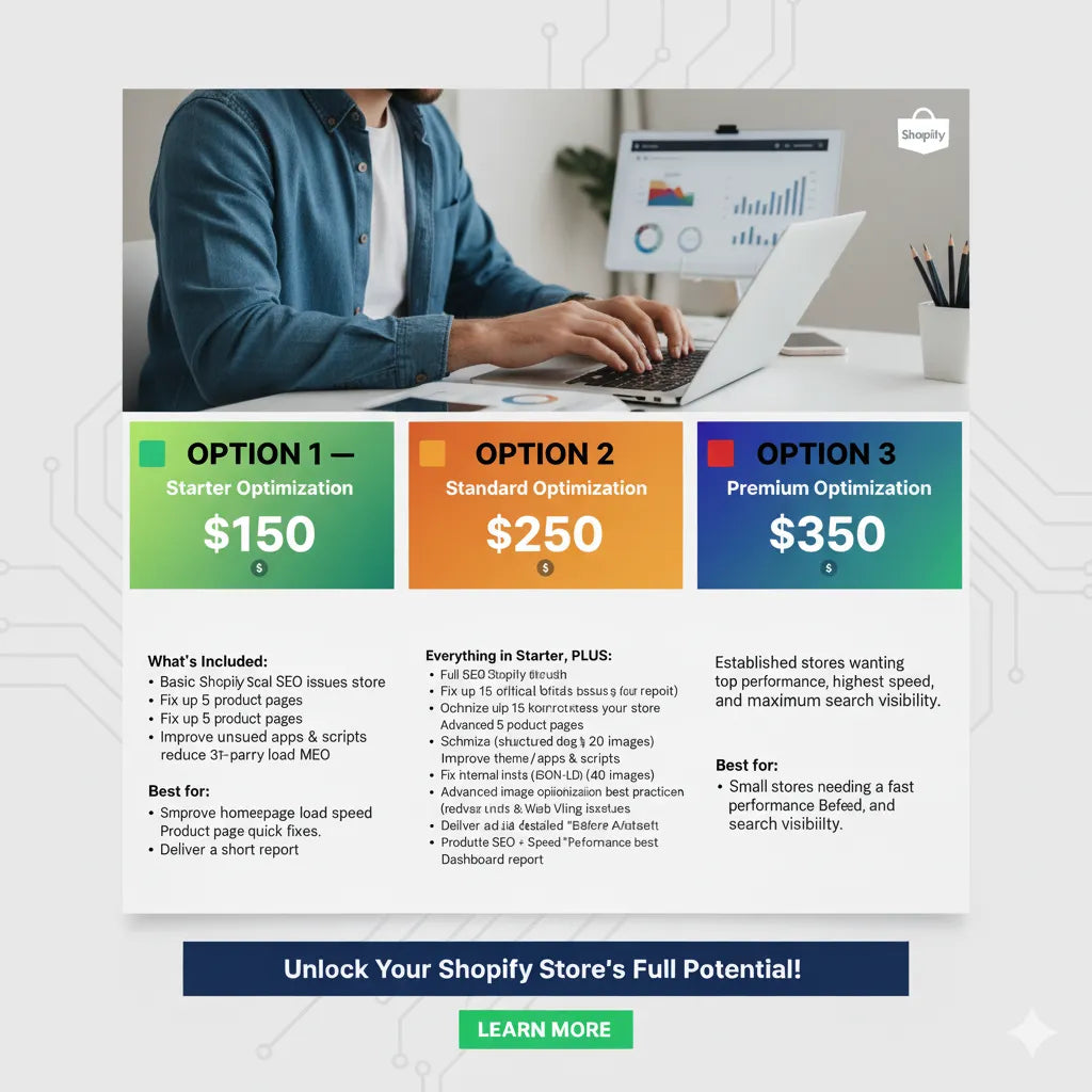 Speed Optimization — Shopify SEO optimization service with technical fixes, speed improvements, and conversion-focused enhancements.