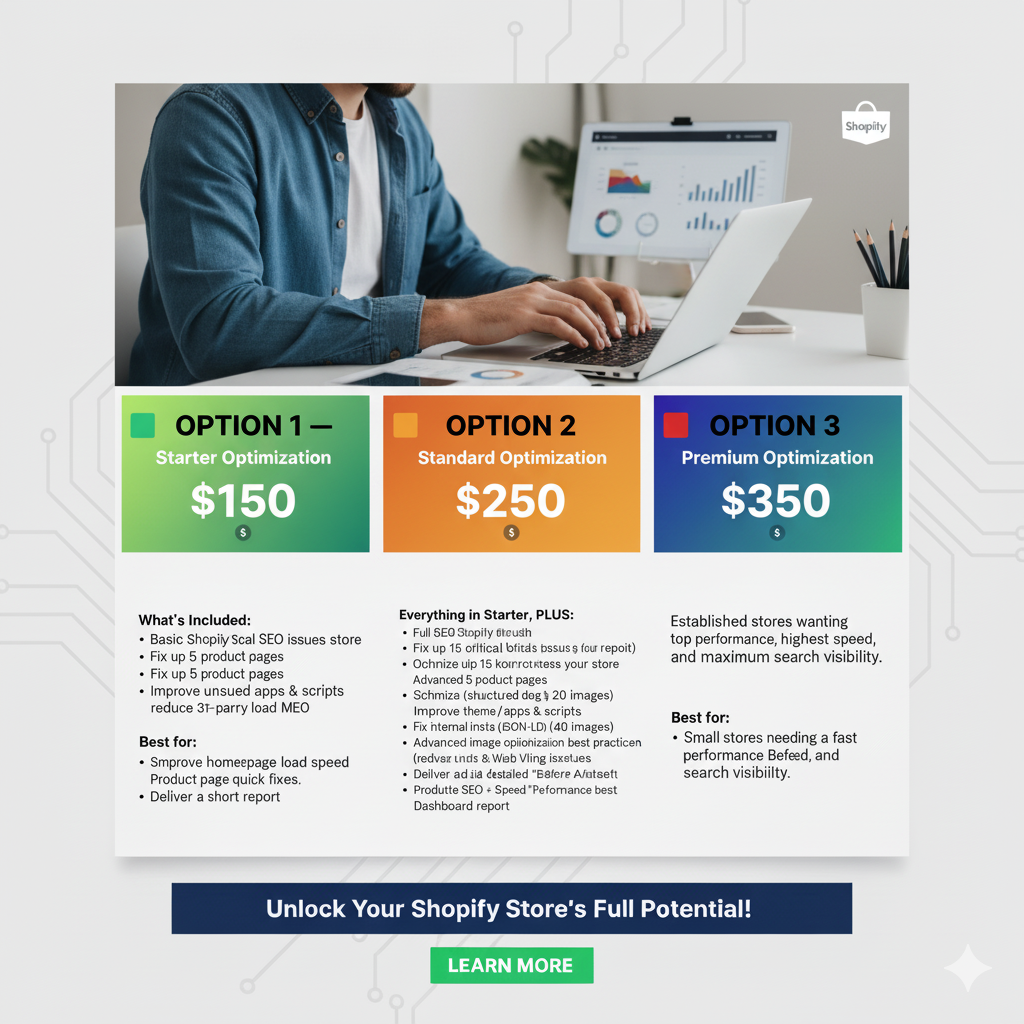 Speed Optimization — full Shopify SEO rebuild service for better visibility, faster load times, and stronger organic growth.