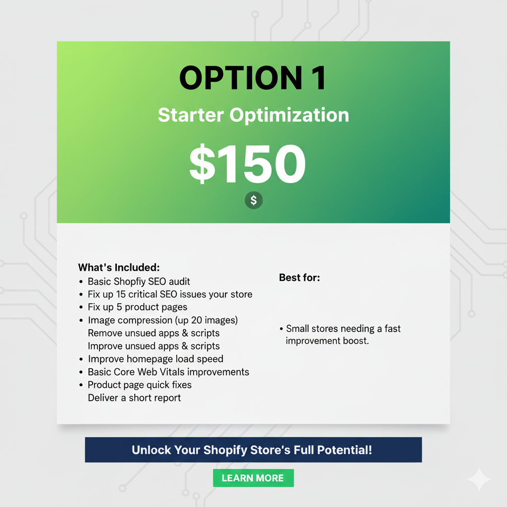Speed Optimization — full Shopify SEO rebuild service for better visibility, faster load times, and stronger organic growth.