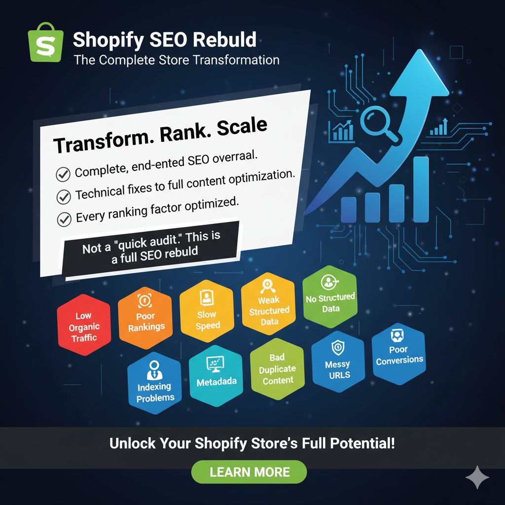 Full Store Shopify SEO Setup & Optimization — full Shopify SEO rebuild service for better visibility, faster load times, and stronger organic growth.