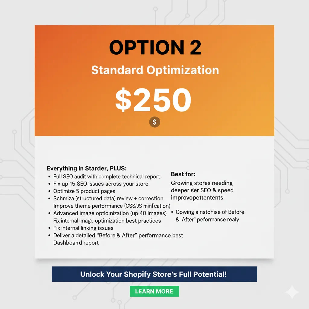 Speed Optimization — full Shopify SEO rebuild service for better visibility, faster load times, and stronger organic growth.