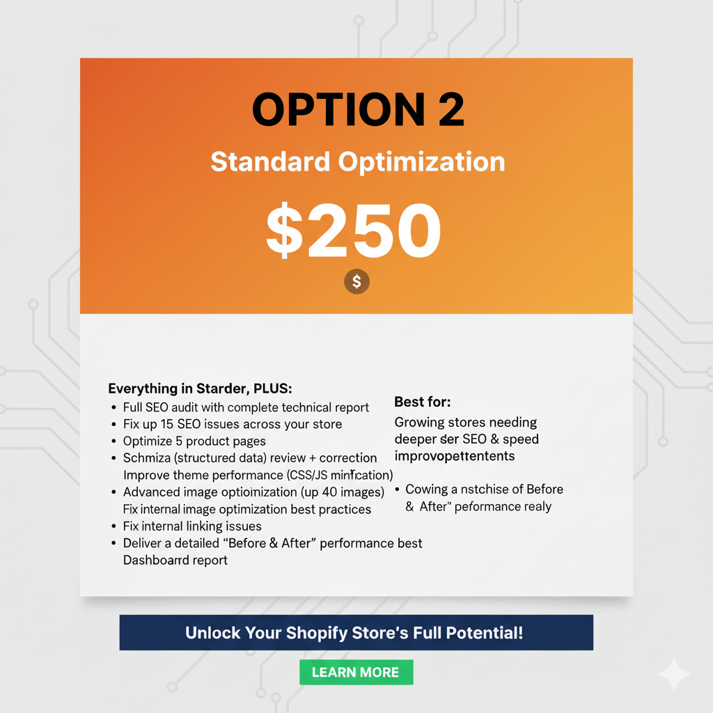 Speed Optimization — full Shopify SEO rebuild service for better visibility, faster load times, and stronger organic growth.