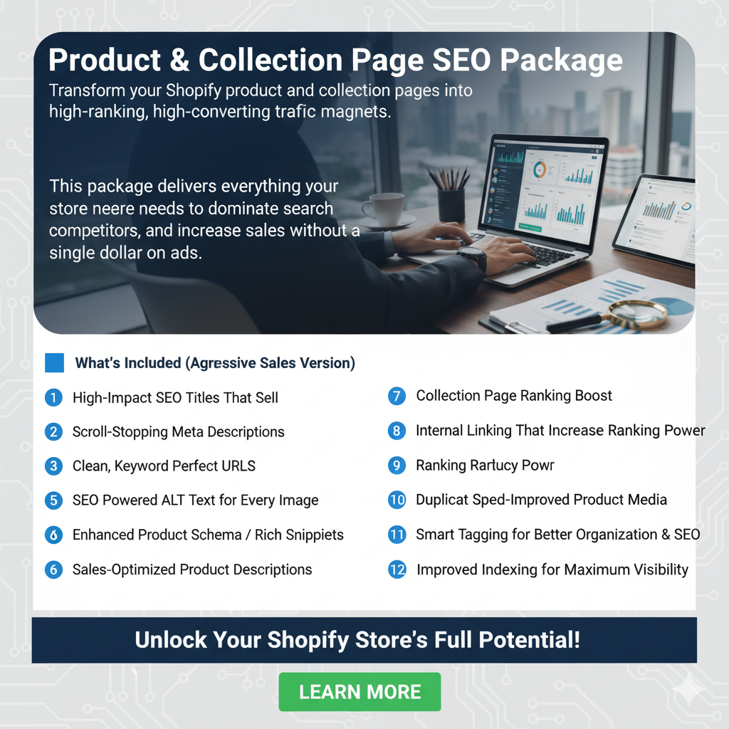 Product & Collection Page SEO — full Shopify SEO rebuild service for better visibility, faster load times, and stronger organic growth.