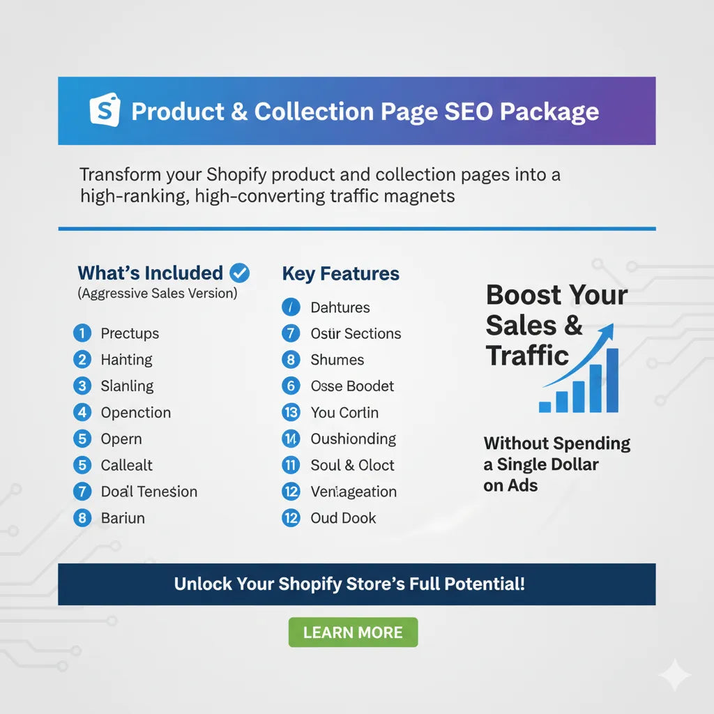 Product & Collection Page SEO — full Shopify SEO rebuild service for better visibility, faster load times, and stronger organic growth.