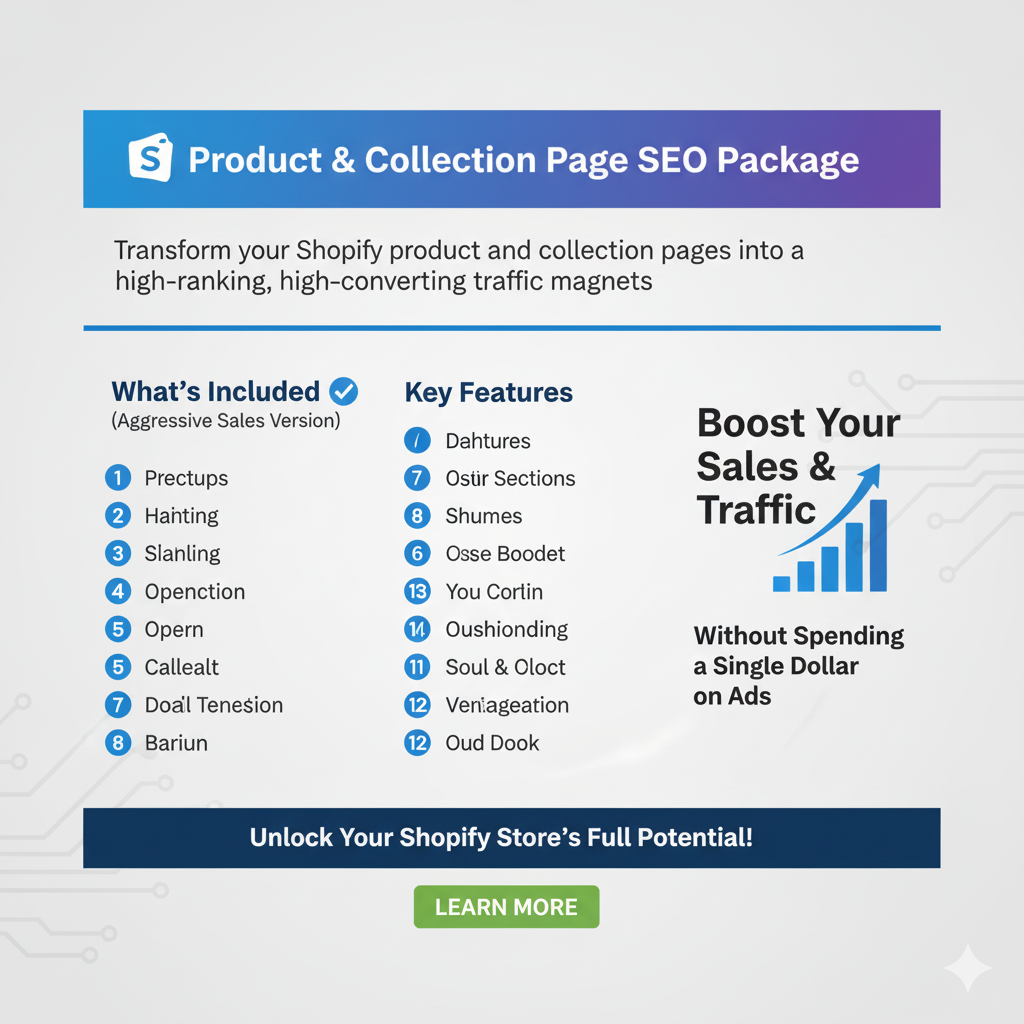 Product & Collection Page SEO — full Shopify SEO rebuild service for better visibility, faster load times, and stronger organic growth.