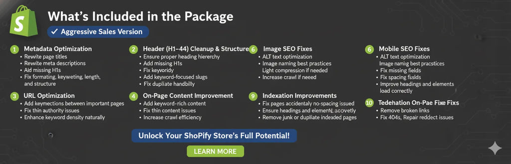 Page SEO Fixes — professional Shopify SEO service graphic highlighting rankings, speed, and performance optimization.