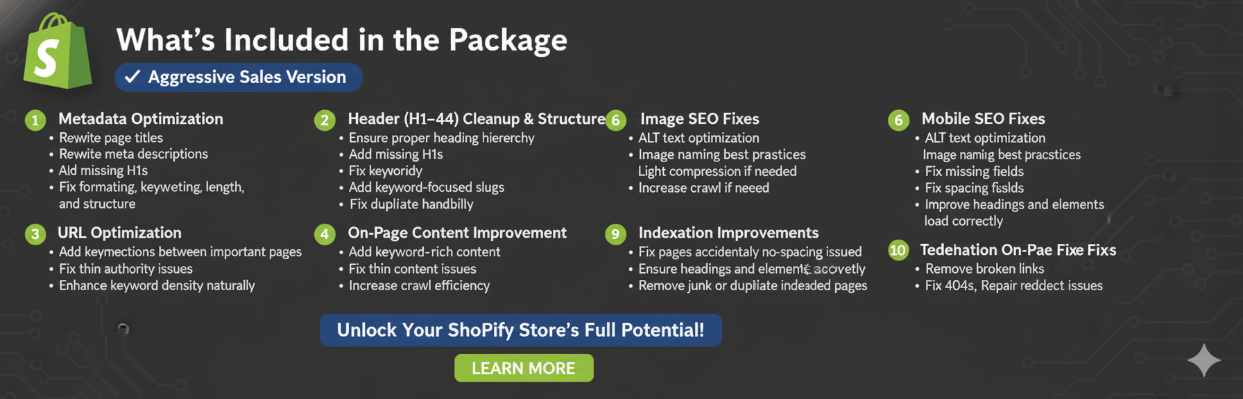 Page SEO Fixes — full Shopify SEO rebuild service for better visibility, faster load times, and stronger organic growth.