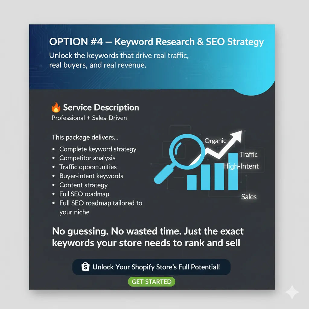 Keyword Research & SEO Strategy — professional Shopify SEO service graphic highlighting rankings, speed, and performance optimization.