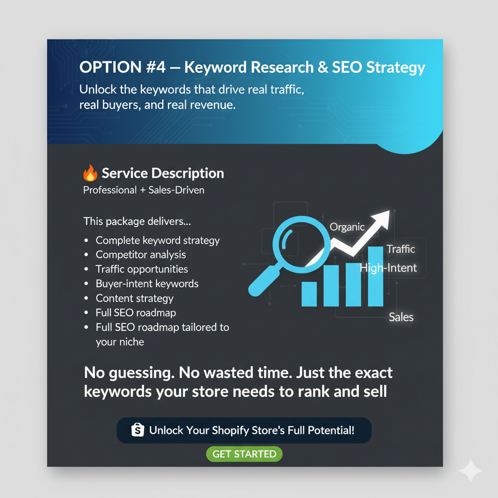 Keyword Research & SEO Strategy — full Shopify SEO rebuild service for better visibility, faster load times, and stronger organic growth.