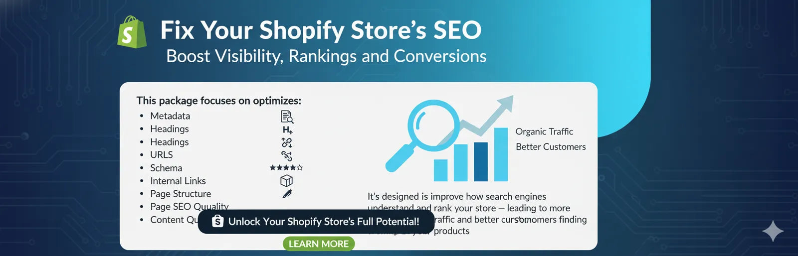 Page SEO Fixes — full Shopify SEO rebuild service for better visibility, faster load times, and stronger organic growth.