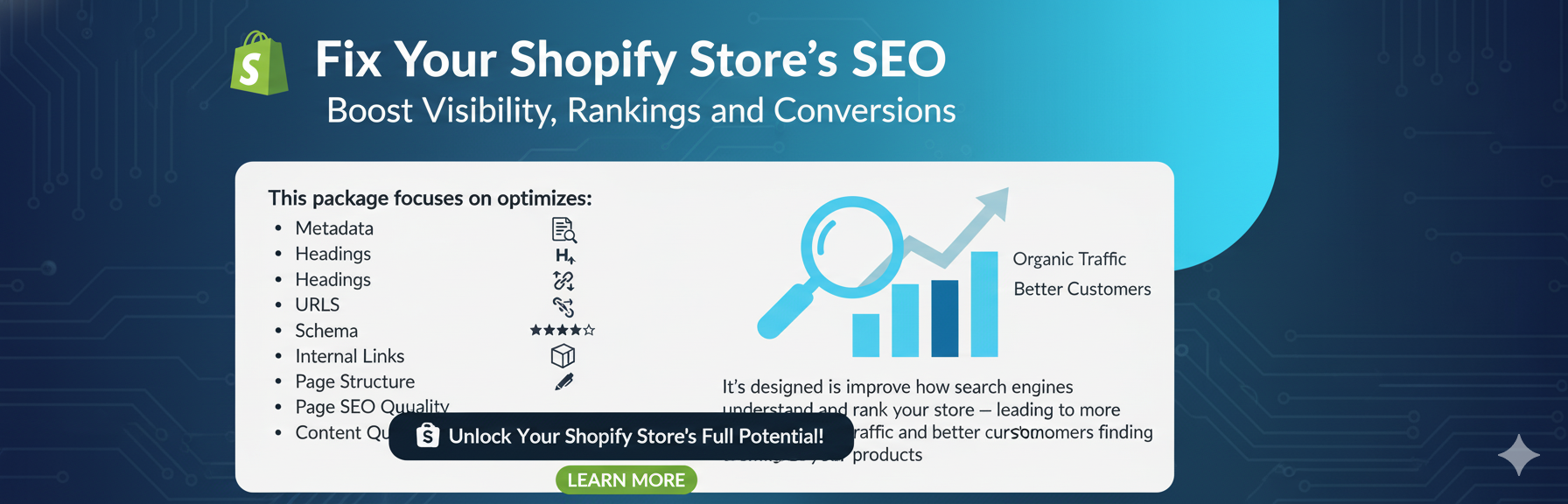 Page SEO Fixes — full Shopify SEO rebuild service for better visibility, faster load times, and stronger organic growth.