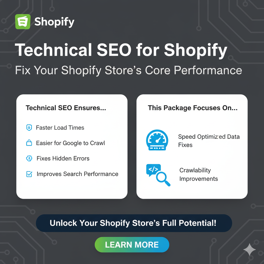 Technical SEO (Advanced Fixes & Performance Enhancements) — full Shopify SEO rebuild service for better visibility, faster load times, and stronger organic growth.