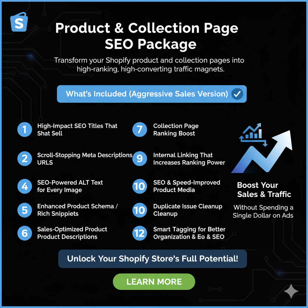 Product & Collection Page SEO — full Shopify SEO rebuild service for better visibility, faster load times, and stronger organic growth.